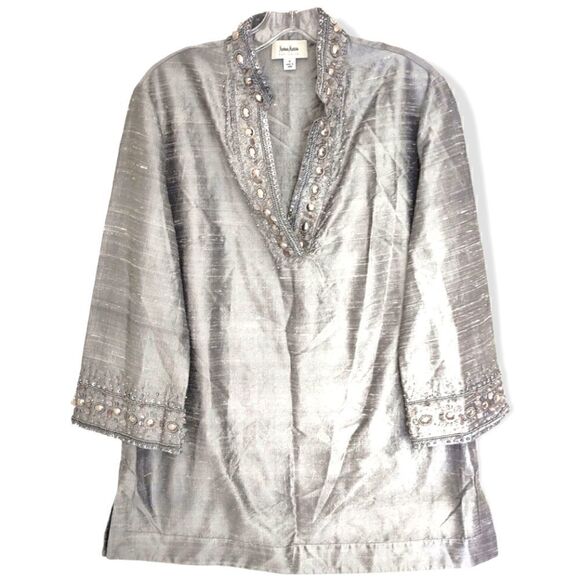 Vintage Neiman Marcus Silver Top Pullover V Neck Silk LS Beaded M - Picture 1 of 10